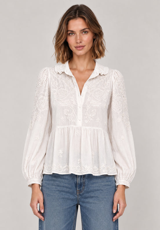 Scarlett Poppies, Camicia Bianca Colletto Tondo  Ricamata
