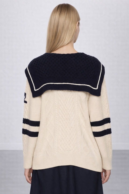 Cardigan in Stile Marinaro in Lana con Trecce e Ricami, SEA NY