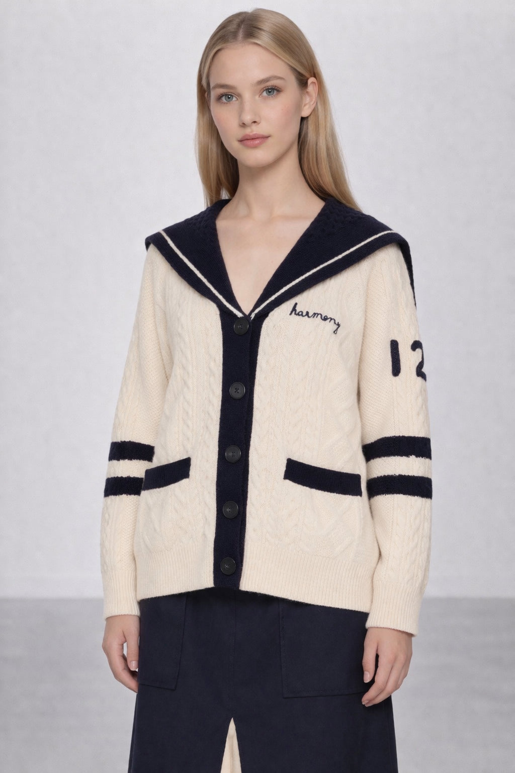 Cardigan in Stile Marinaro in Lana con Trecce e Ricami, SEA NY