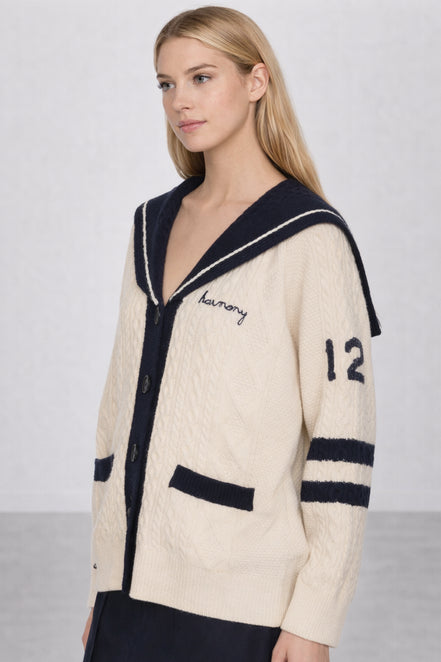 Cardigan in Stile Marinaro in Lana con Trecce e Ricami, SEA NY