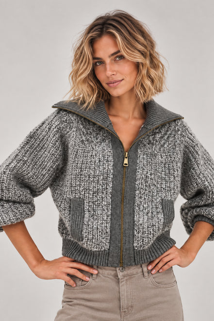 Ba&sh, Cardigan Corto in Grigio Melange con Zip