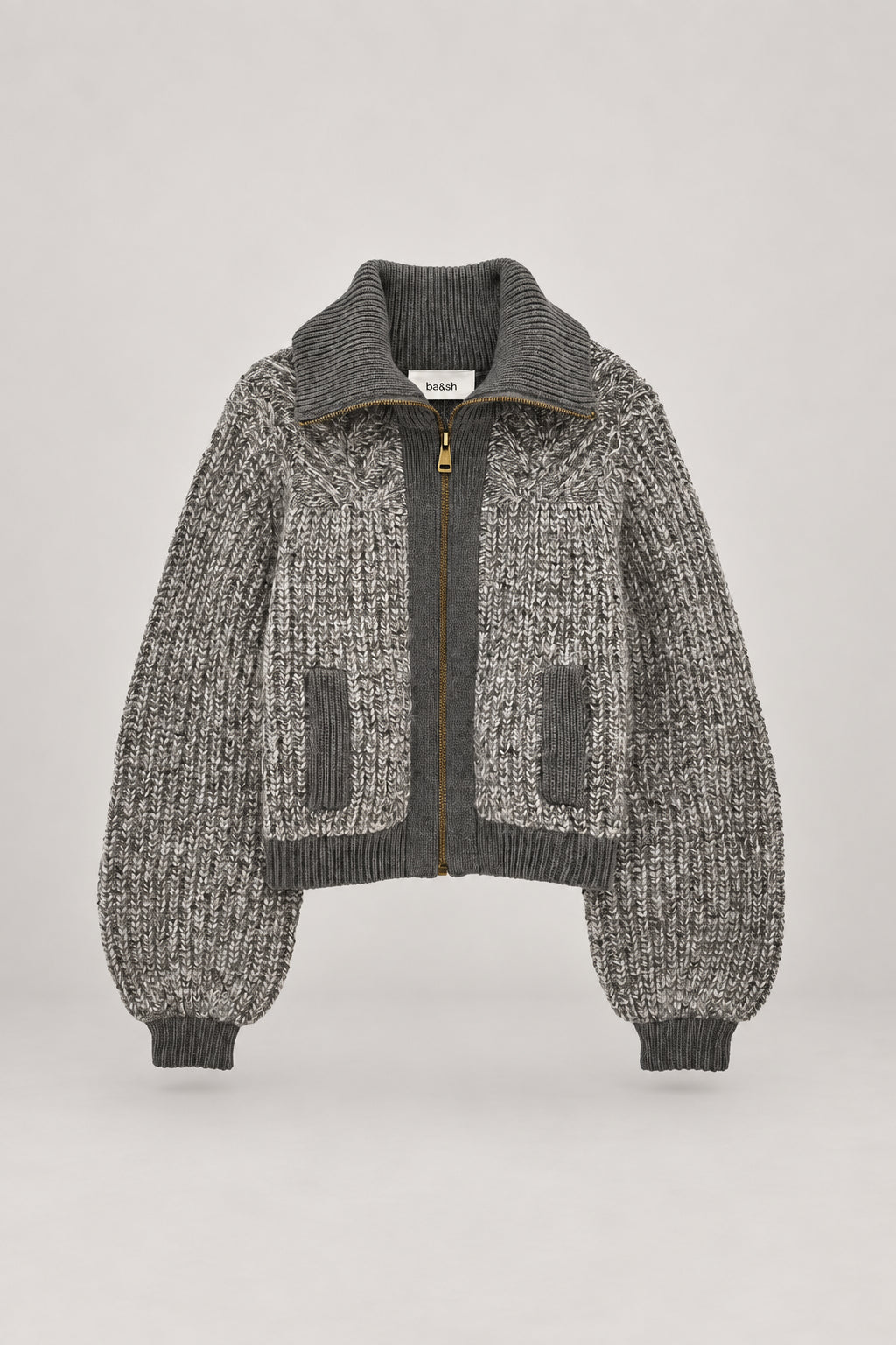 Ba&sh, Cardigan Corto in Grigio Melange con Zip