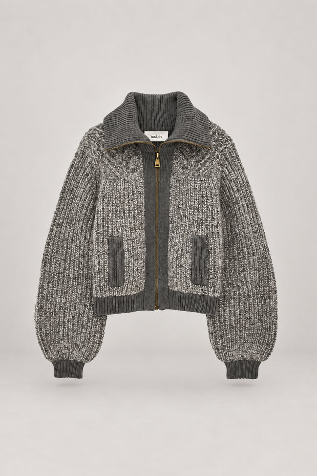 Ba&sh, Cardigan Corto in Grigio Melange con Zip