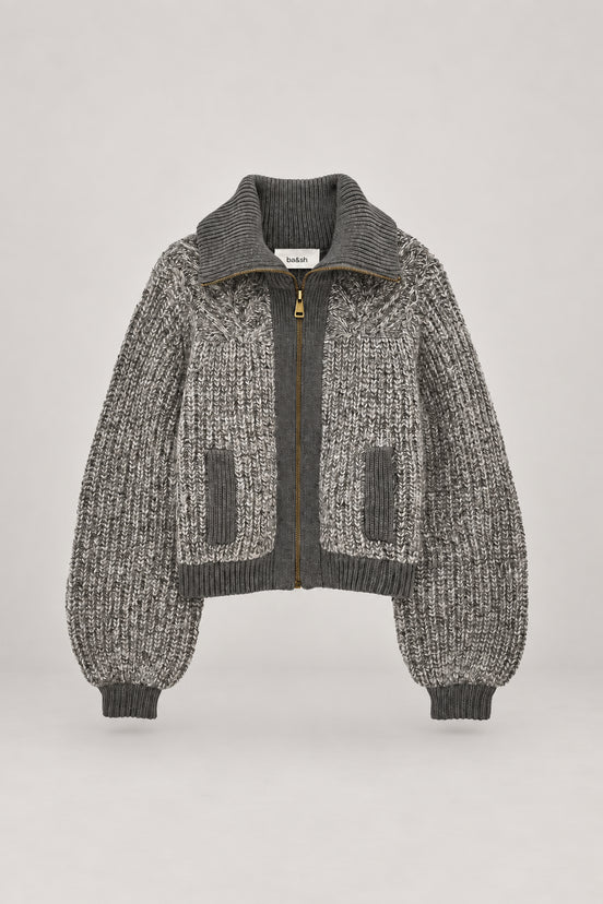Ba&sh, Cardigan Corto in Grigio Melange con Zip