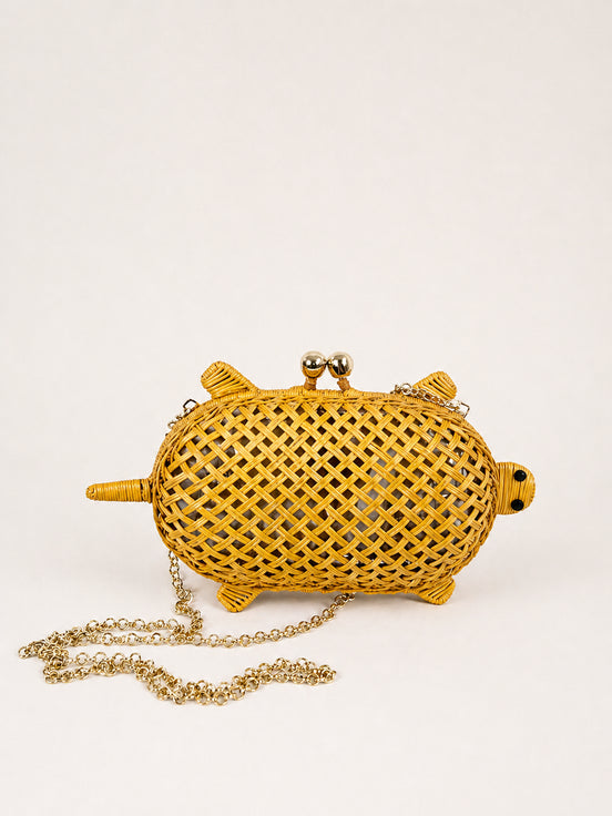 Serpui, Clutch Tartaruga in Vimini Traforato con Doppia Tracolla