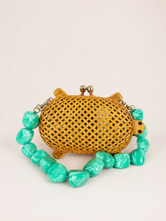 Serpui, Clutch Tartaruga in Vimini Traforato con Doppia Tracolla