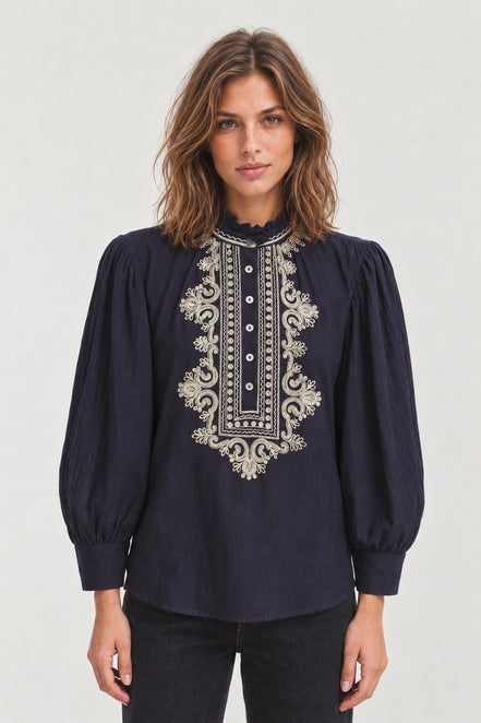 Antik Batik, Blusa in Crepe di Cotone con Ricami Florette