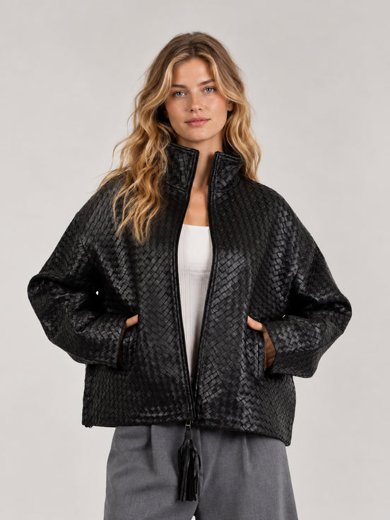 Scarlett Poppies, Bomber in Pelle Intrecciata Nera