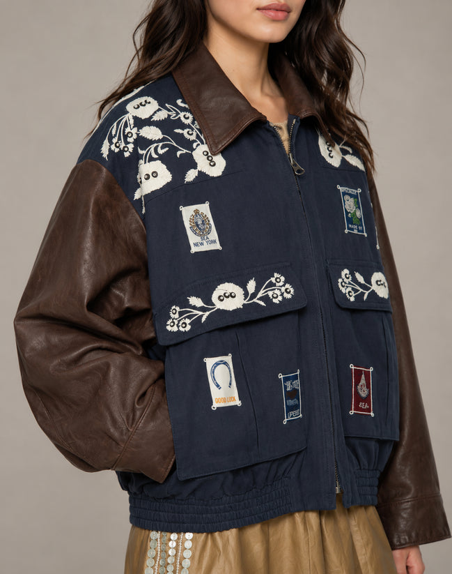 SEA New York, Giaccone con Patch e Maniche in Pelle Georgie