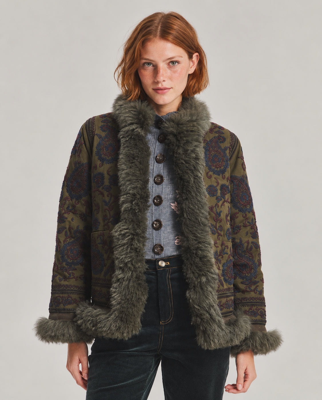 Antik Batik, Giaccone corto con ricami e pelliccia Pauline