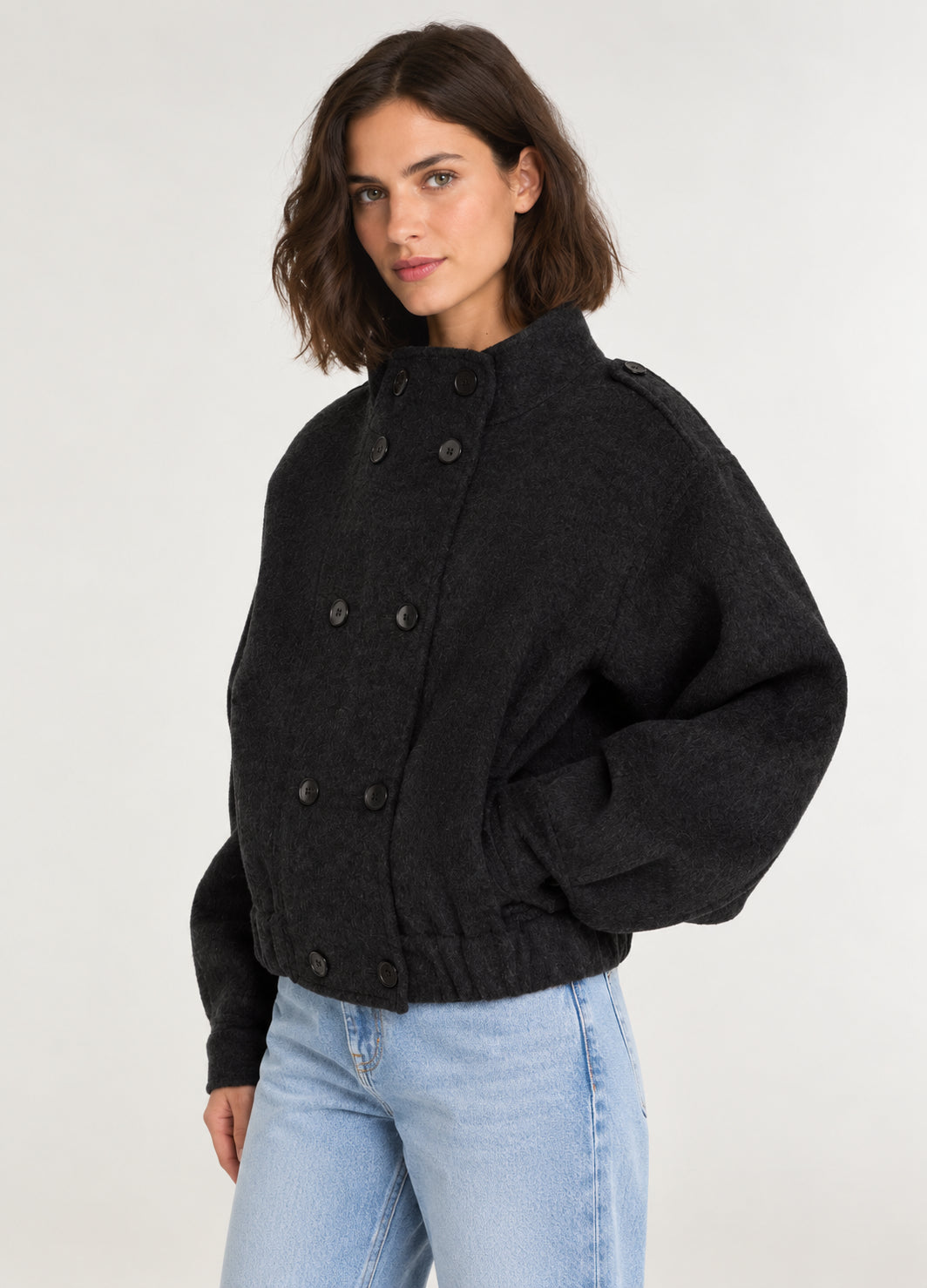 SEA New York, Giaccone doppiopetto  in lana grigio asfalto Lona