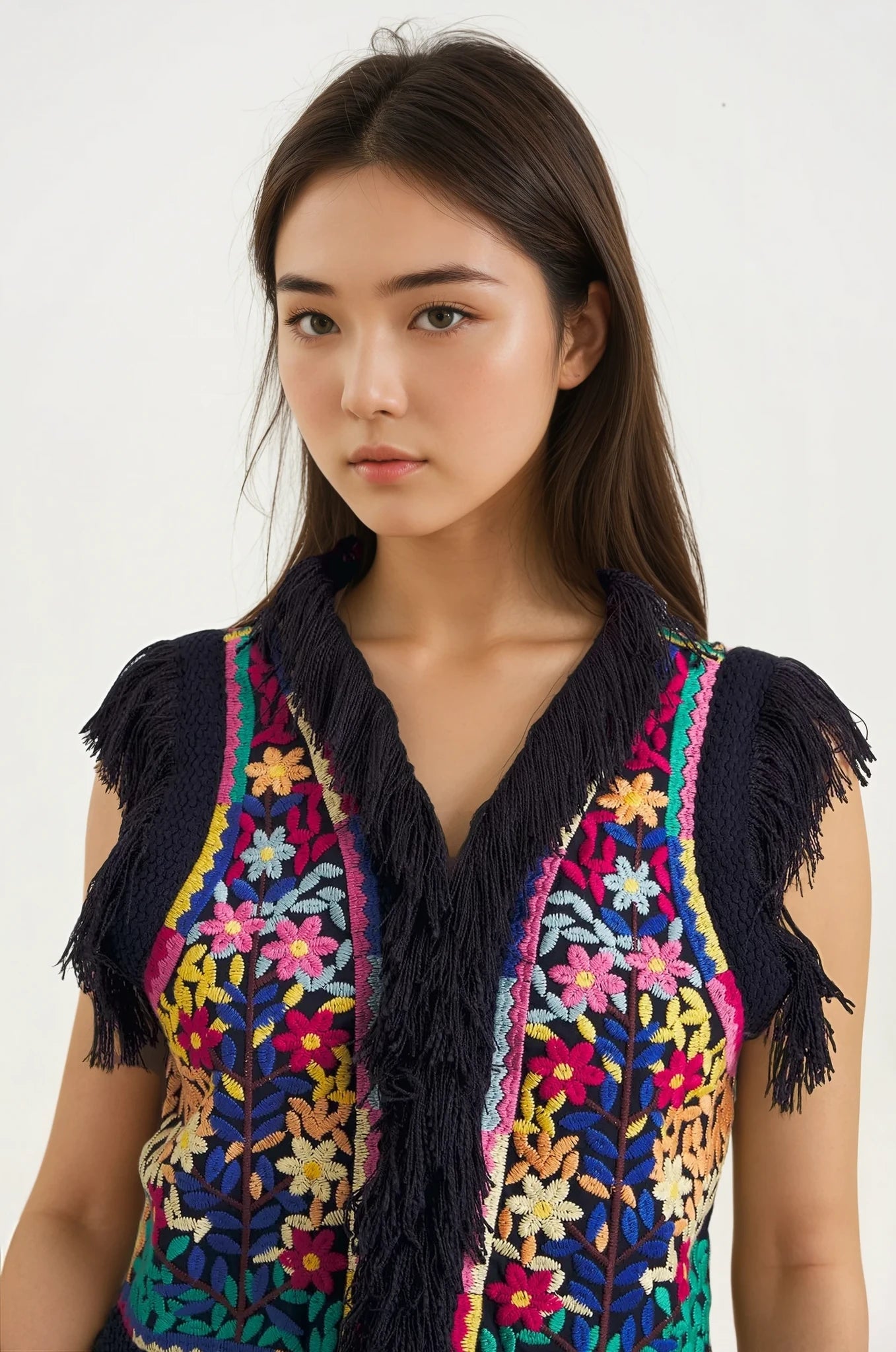 Gilet Ricamato con Frange  Navy con Ricami Multicolor Rainbow Antik Batik