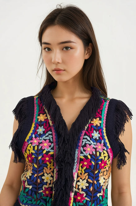 Gilet Ricamato con Frange  Navy con Ricami Multicolor Rainbow Antik Batik
