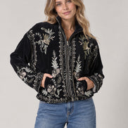 Scarlett Poppies, Bomber Corto  in Velluto Nero e Ricami a Mano