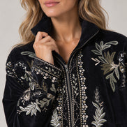 Scarlett Poppies, Bomber Corto  in Velluto Nero e Ricami a Mano