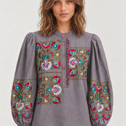 Antik Batik, Blusa in Cotone Grigio con Ricami Greta