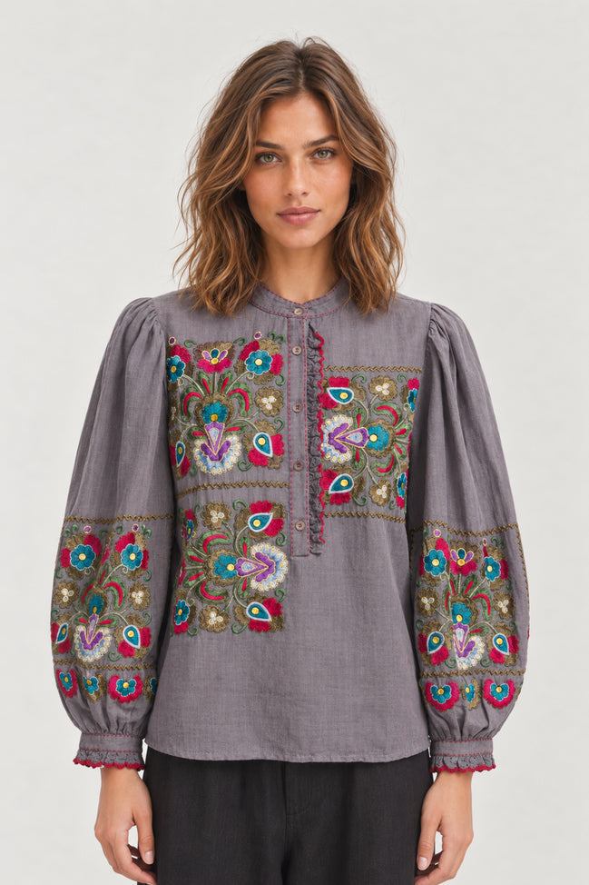 Antik Batik, Blusa in Cotone Grigio con Ricami Greta