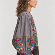 Antik Batik, Blusa in Cotone Grigio con Ricami Greta