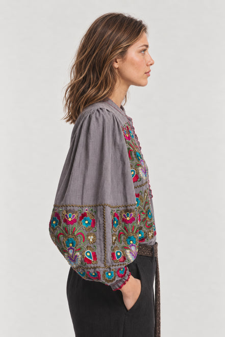 Antik Batik, Blusa in Cotone Grigio con Ricami Greta