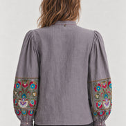 Antik Batik, Blusa in Cotone Grigio con Ricami Greta