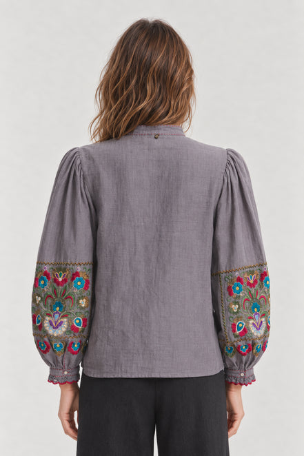 Antik Batik, Blusa in Cotone Grigio con Ricami Greta