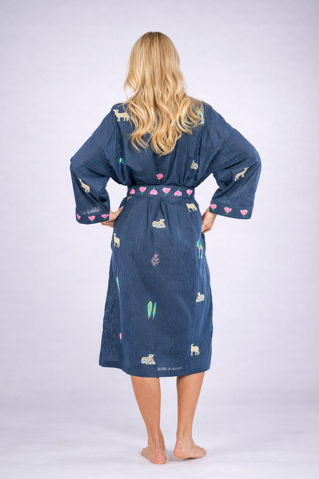 Kimono  in Cotone Blu con Ricami Jungle, Nimo with Love