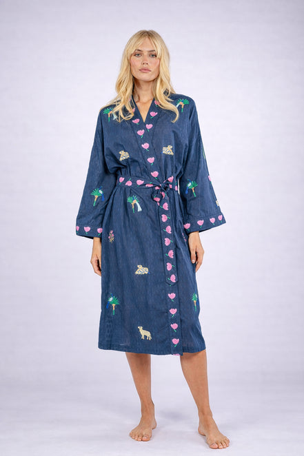 Kimono  in Cotone Blu con Ricami Jungle, Nimo with Love