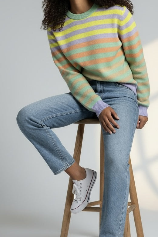 Maglia Girocollo Righe Multicolor Garza di Cashmere Jumper1234