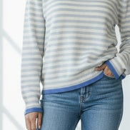 Maglia Girocollo Garza di Cashmere Riga Pastello Azzurro Jumper1234