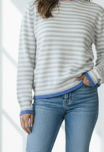 Maglia Girocollo Garza di Cashmere Riga Pastello Azzurro Jumper1234