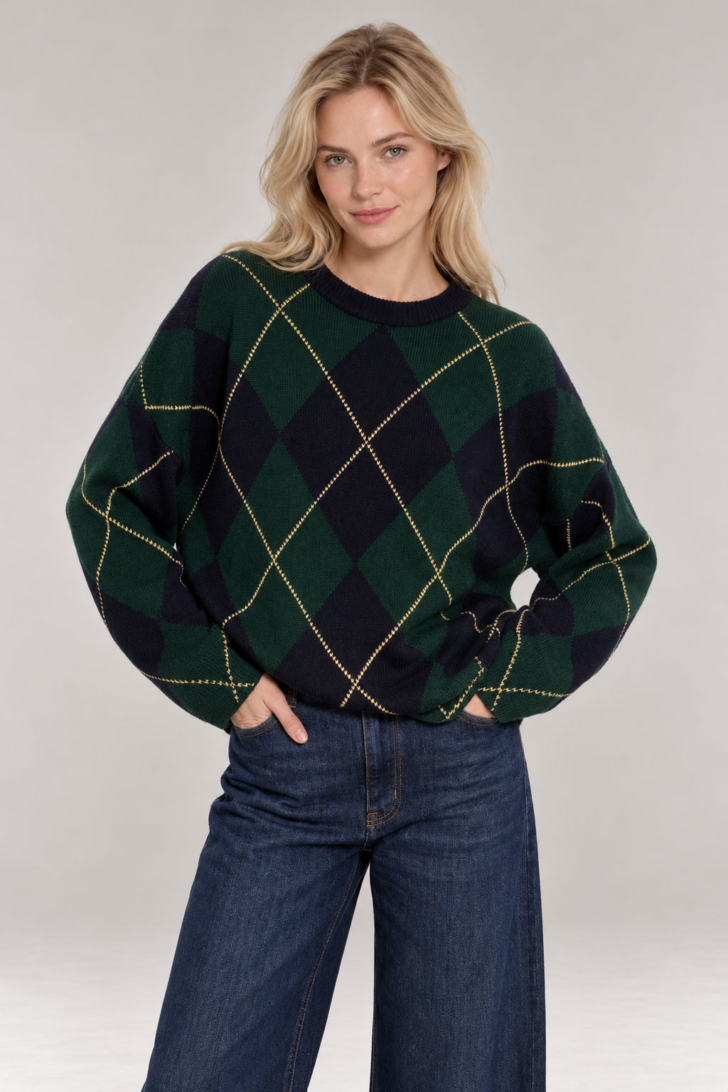Inland, Maglione Girocollo over  in cashmere a losanghe