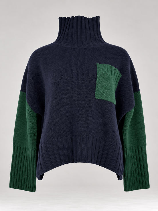 Inland, Maglione collo alto bicolore in cashmere con taschino