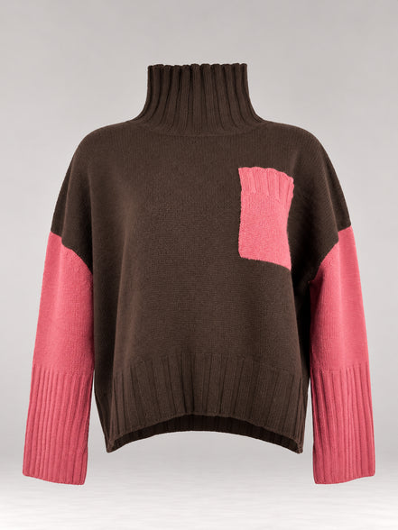 Inland, Maglione collo alto bicolore in cashmere con taschino