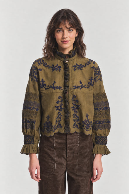 Antik Batik, Blusa Kaki con Ricami a Contrasto Penny