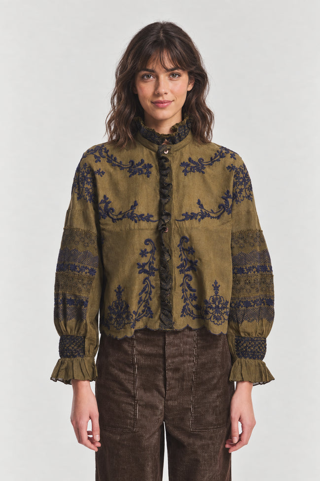 Antik Batik, Blusa Kaki con Ricami a Contrasto Penny