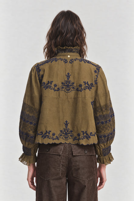 Antik Batik, Blusa Kaki con Ricami a Contrasto Penny