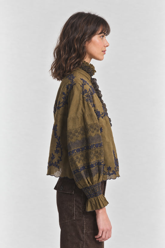 Antik Batik, Blusa Kaki con Ricami a Contrasto Penny