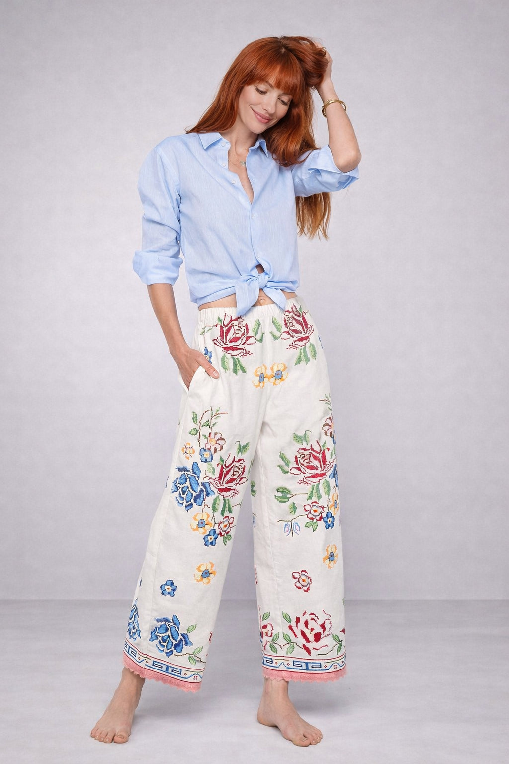 Orsina, Pantalone con Elastico Ricamato