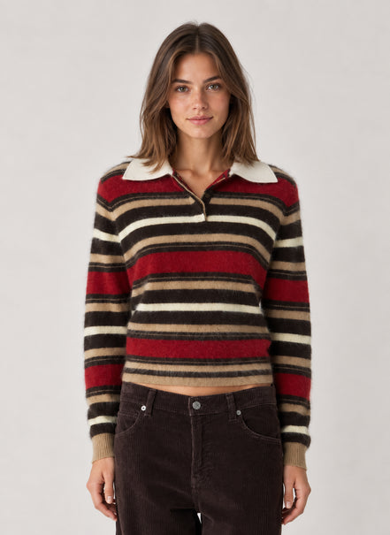 Guest In Residence, Polo Rugby a Righe in Cashmere Spazzolato Grizzly