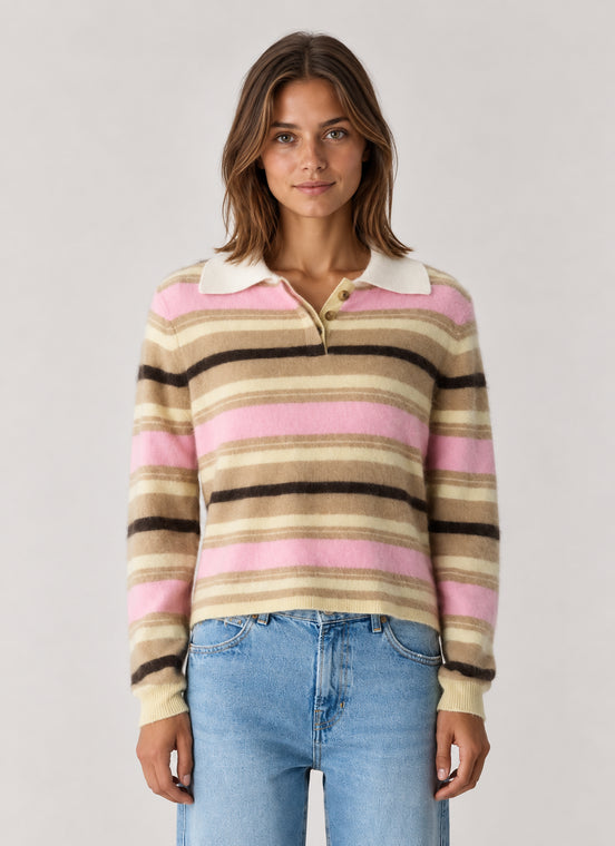 Guest In Residence, Polo Rugby a Righe in Cashmere Spazzolato Grizzly