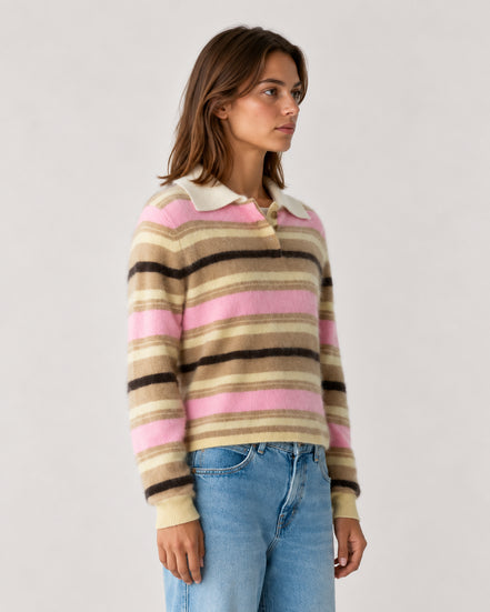 Guest In Residence, Polo Rugby a Righe in Cashmere Spazzolato Grizzly