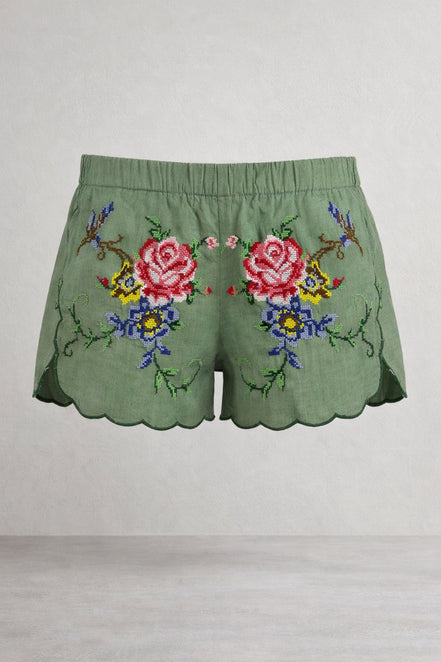 Orsina, Shorts con Rose Ricamate Punto Croce
