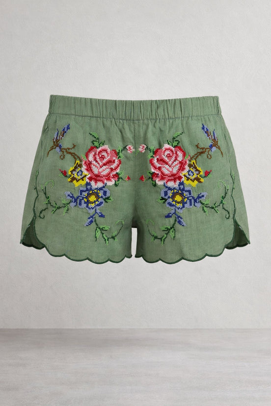 Orsina, Shorts con Rose Ricamate Punto Croce