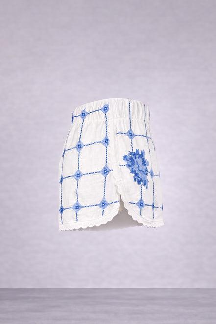 Orsina, Shorts Ricami Rose Azzurre Punto Croce