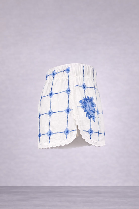 Orsina, Shorts Ricami Rose Azzurre Punto Croce