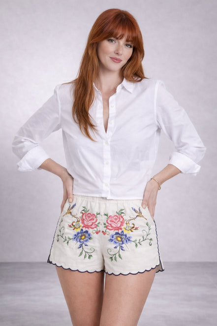Orsina, Shorts con Rose Ricamate Punto Croce