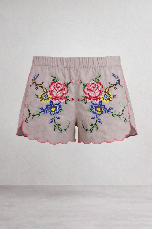 Orsina, Shorts con Rose Ricamate Punto Croce