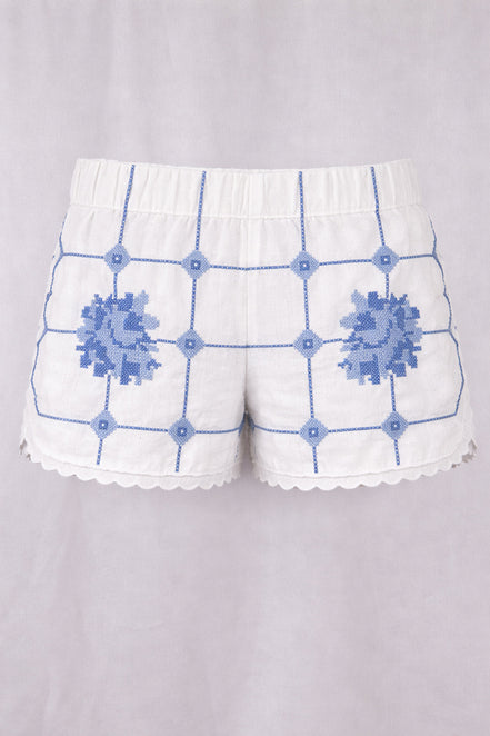 Orsina, Shorts Ricami Rose Azzurre Punto Croce