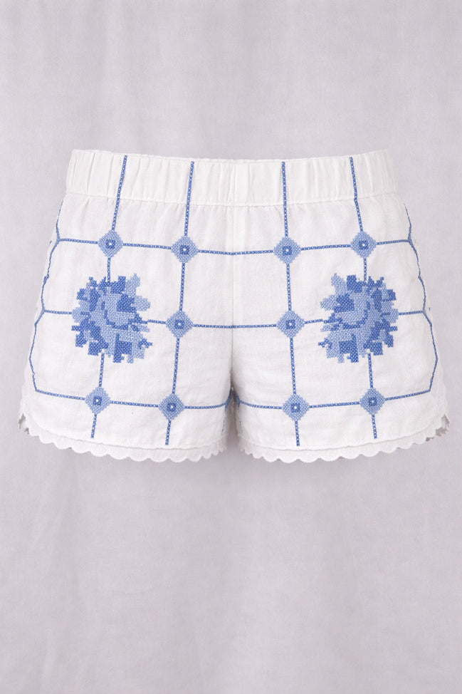 Orsina, Shorts Ricami Rose Azzurre Punto Croce
