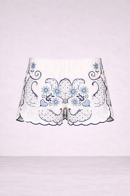 Orsina, Short Con Ricami Motivo Fiori Blu